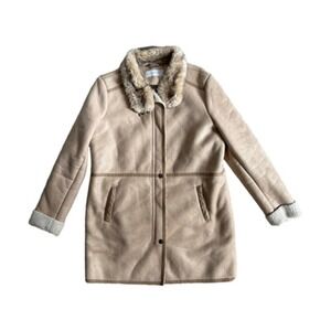 Tahari Faux Shearling Aviator Bomber Jacket Women's Beige Fur Trim Coat